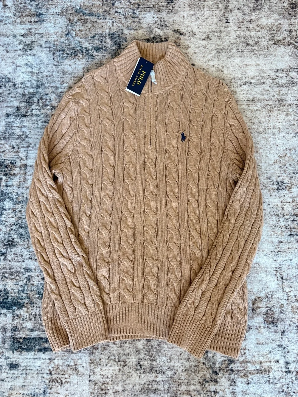 NWT Polo Ralph Lauren Cable-Knit Cotton Quarter-Zip Sweater Camel Melange M - Picture 1 of 11